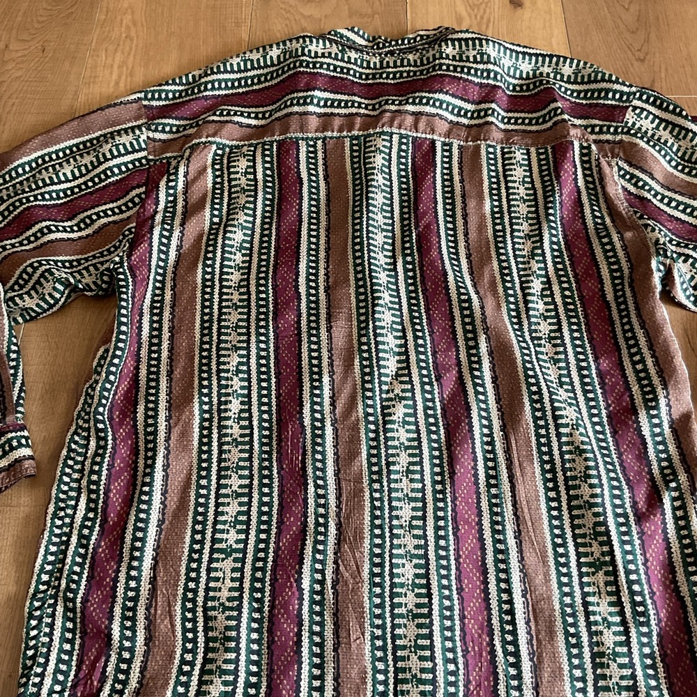 Henry Design 100% Silk Vintage Striped Dress Shirt Large Green Brown Red L Shirt - Picture 5 of 5